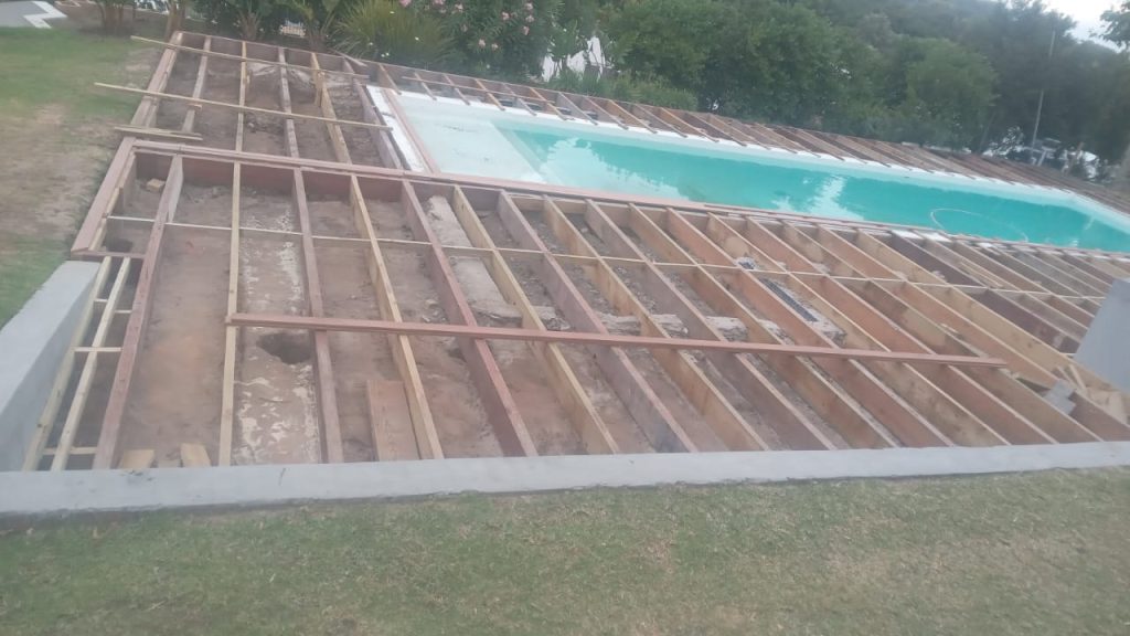Pool with a timber deck frame under construction in Cape Town