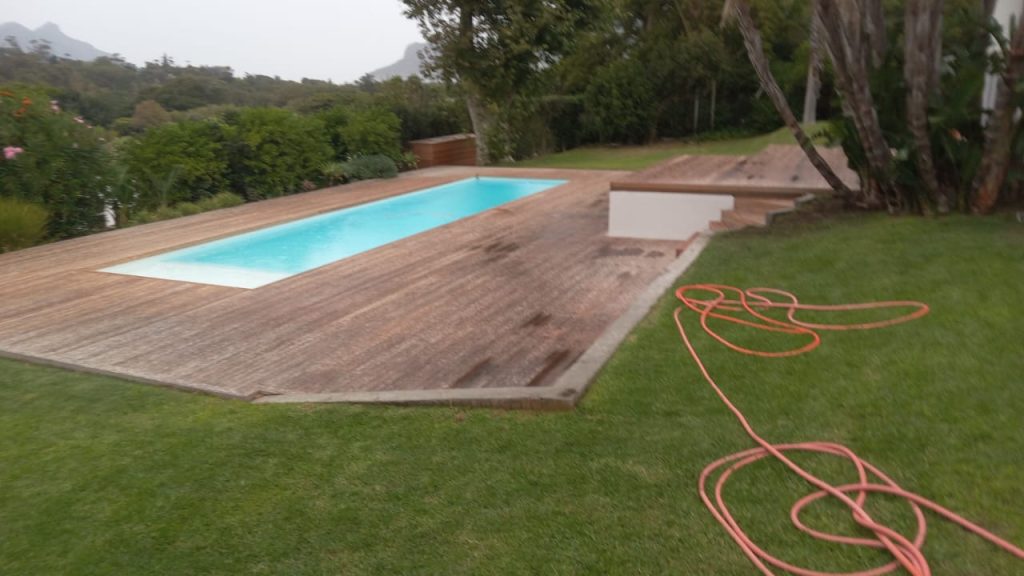 Aerial view of a pool and timber deck in Cape Town