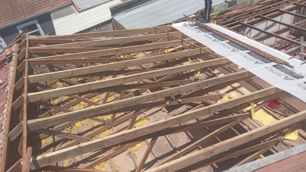 Roof with battens exposed during re-roofing in Cape Town