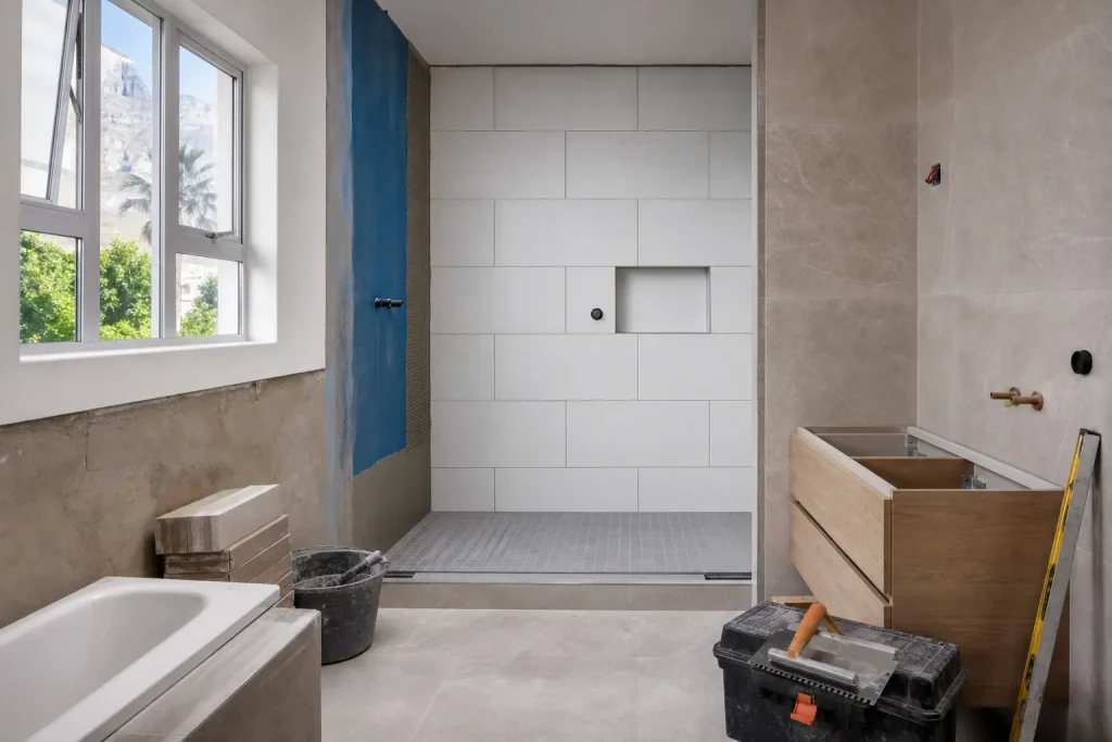 Cape Town bathroom renovation in progress with tiling, waterproofing and vanity installation