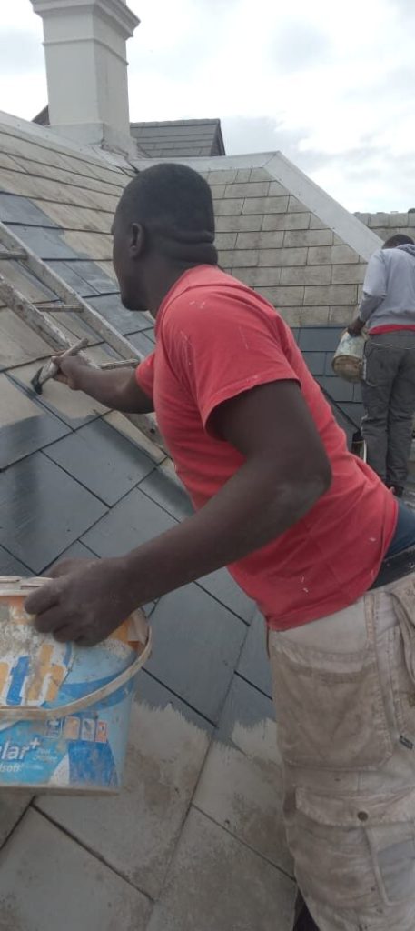 Painter applying protective roof coating to a tiled Cape Town roof
